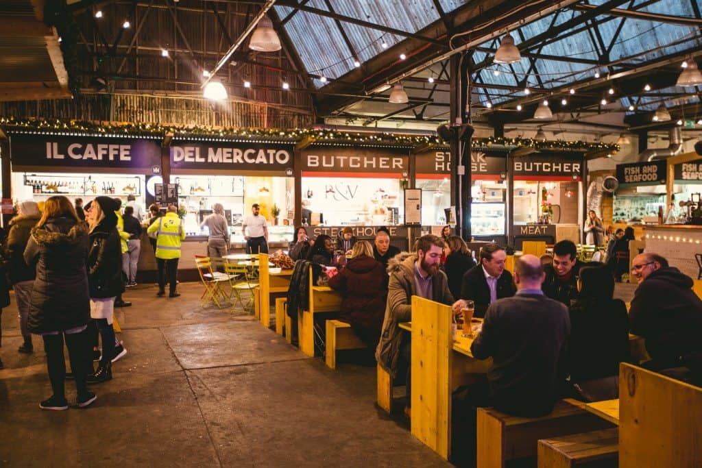 Local covered food market in Ilford